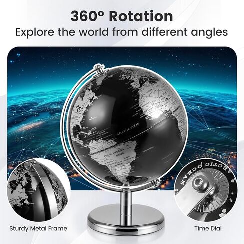 Goplus Metallic Black World Globe, 8-Inch Rotating Earth Globe w/Metal Stand, Educational Learning Toy/Teaching Gift for Kids, Modern Desktop Decoration for Home, Office, School (Black + Gold) in Saudi Arabia