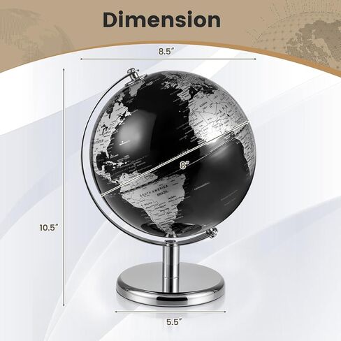 Goplus Metallic Black World Globe, 8-Inch Rotating Earth Globe w/Metal Stand, Educational Learning Toy/Teaching Gift for Kids, Modern Desktop Decoration for Home, Office, School (Black + Gold) in Saudi Arabia