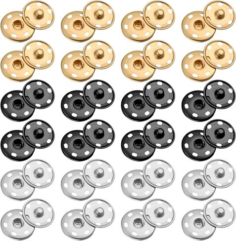 1 بوصة/25 مم لقطات للخياطة ، 24 مجموعة أزرار كبيرة الخياطة على Snap Snaps لقطات النسيج المعدني المسبق أزرار الأزرار لإصلاح الملابس (الذهب ، الأسود ، الفضة) in Kuwait