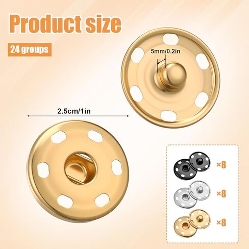 1 بوصة/25 مم لقطات للخياطة ، 24 مجموعة أزرار كبيرة الخياطة على Snap Snaps لقطات النسيج المعدني المسبق أزرار الأزرار لإصلاح الملابس (الذهب ، الأسود ، الفضة) in Kuwait