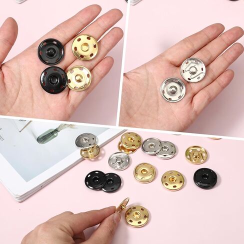 1 بوصة/25 مم لقطات للخياطة ، 24 مجموعة أزرار كبيرة الخياطة على Snap Snaps لقطات النسيج المعدني المسبق أزرار الأزرار لإصلاح الملابس (الذهب ، الأسود ، الفضة) in Kuwait