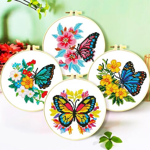 Zhenqing 4-pack Butterfly Cross Stitch Kits-11ct 24x24cm Aida Cloth with Blue و Pink & Floral Design-مجموعة ديكور الفن المنزلي النابض بالحياة （68121） in Kuwait