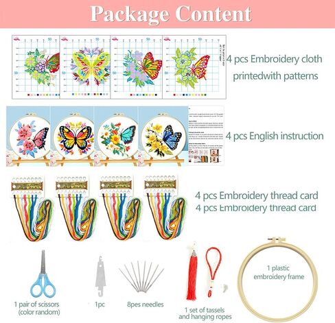 Zhenqing 4-pack Butterfly Cross Stitch Kits-11ct 24x24cm Aida Cloth with Blue و Pink & Floral Design-مجموعة ديكور الفن المنزلي النابض بالحياة （68121） in Kuwait