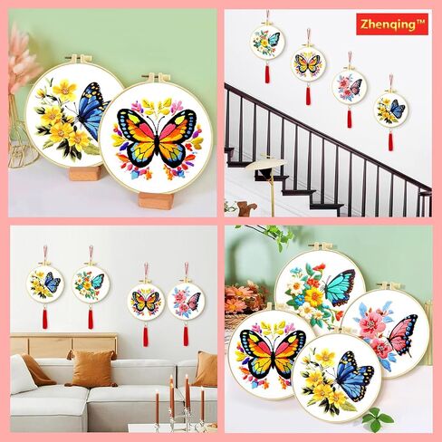 Zhenqing 4-pack Butterfly Cross Stitch Kits-11ct 24x24cm Aida Cloth with Blue و Pink & Floral Design-مجموعة ديكور الفن المنزلي النابض بالحياة （68121） in Kuwait