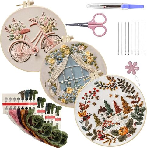 SCECALA 3 Pack Fall Embroidery Kit for Beginners - Flower Bicycle & House with Embroidery Pattern, Hoop, Complete Cross Stitch Supplies (Needle/Threads/Scissors) DIY Craft for Adults Sewing Hobby in Saudi Arabia