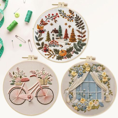 SCECALA 3 Pack Fall Embroidery Kit for Beginners - Flower Bicycle & House with Embroidery Pattern, Hoop, Complete Cross Stitch Supplies (Needle/Threads/Scissors) DIY Craft for Adults Sewing Hobby in Saudi Arabia