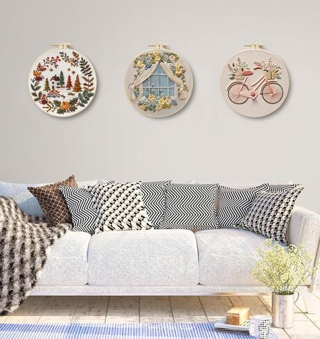 SCECALA 3 Pack Fall Embroidery Kit for Beginners - Flower Bicycle & House with Embroidery Pattern, Hoop, Complete Cross Stitch Supplies (Needle/Threads/Scissors) DIY Craft for Adults Sewing Hobby in Saudi Arabia