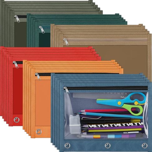LINCIA 30 PCS Pencil Pouch for 3 RING Binder Heavy Duty Shippered Pencil Age مع نافذة واضحة كبيرة 10 "× 7" الحلقات المعدنية المعدنية اللوازم المتينة لمكتب الكلية (Retro) in Kuwait