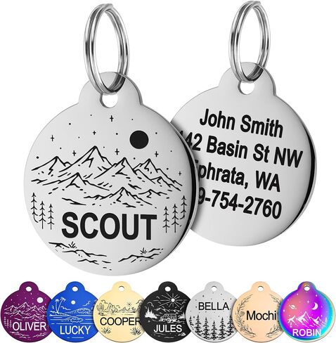 GoTags Stainless Steel Designer Pet ID Tags, Personalized Dog Tags and Cat Tags, up to 5 Lines of Custom Text, Mountain and Flower Design in Silver, Gold, Black, Blue and More (Round, Small) in Saudi Arabia
