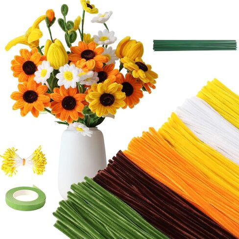 600 Pcs Yellow Pipe Cleaners Flowers Craft Kit,6 Assorted Colors Pipe Cleaners Bulk,Chenille Stems for DIY Art Creative Gift,Flower Making Kit with 30 Pcs Floral Wires,Gardening Tape,Stamen in Kuwait