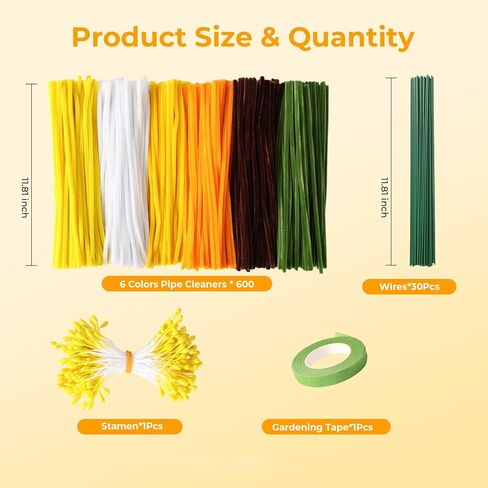 600 Pcs Yellow Pipe Cleaners Flowers Craft Kit,6 Assorted Colors Pipe Cleaners Bulk,Chenille Stems for DIY Art Creative Gift,Flower Making Kit with 30 Pcs Floral Wires,Gardening Tape,Stamen in Kuwait