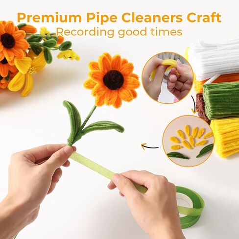 600 Pcs Yellow Pipe Cleaners Flowers Craft Kit,6 Assorted Colors Pipe Cleaners Bulk,Chenille Stems for DIY Art Creative Gift,Flower Making Kit with 30 Pcs Floral Wires,Gardening Tape,Stamen in Kuwait