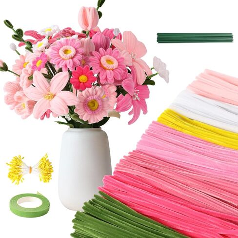 600 Pcs Yellow Pipe Cleaners Flowers Craft Kit,6 Assorted Colors Pipe Cleaners Bulk,Chenille Stems for DIY Art Creative Gift,Flower Making Kit with 30 Pcs Floral Wires,Gardening Tape,Stamen in Kuwait