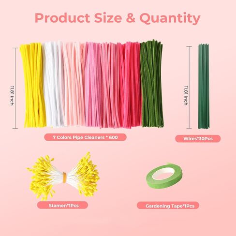 600 Pcs Yellow Pipe Cleaners Flowers Craft Kit,6 Assorted Colors Pipe Cleaners Bulk,Chenille Stems for DIY Art Creative Gift,Flower Making Kit with 30 Pcs Floral Wires,Gardening Tape,Stamen in Kuwait