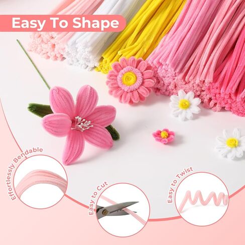 600 Pcs Yellow Pipe Cleaners Flowers Craft Kit,6 Assorted Colors Pipe Cleaners Bulk,Chenille Stems for DIY Art Creative Gift,Flower Making Kit with 30 Pcs Floral Wires,Gardening Tape,Stamen in Kuwait
