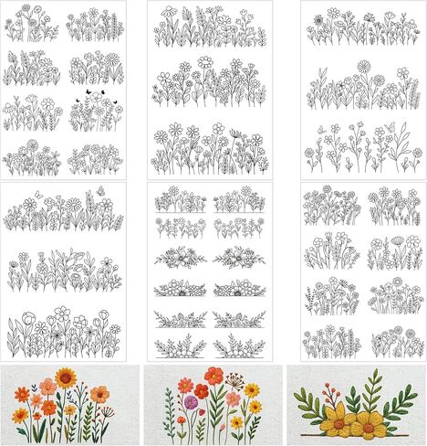 Water Soluble Stabilizer Embroidery Pattern - Flower Stick & Stitch Embroidery Paper Wash Away, Floral Frame Hand Sewing Embroider Patterns for Jean Bag T-Shirt (6 Sheets) in Saudi Arabia