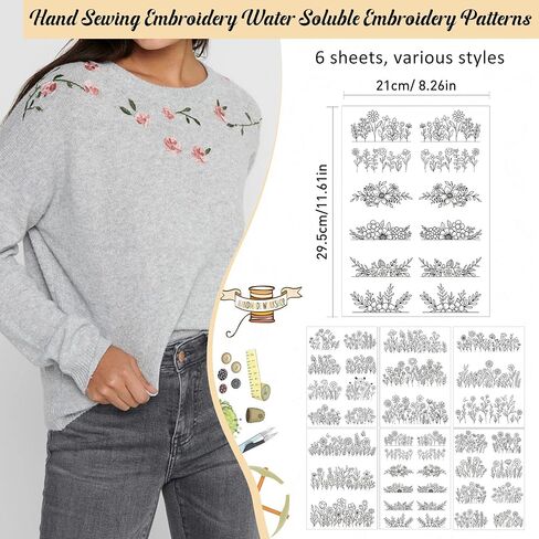 Water Soluble Stabilizer Embroidery Pattern - Flower Stick & Stitch Embroidery Paper Wash Away, Floral Frame Hand Sewing Embroider Patterns for Jean Bag T-Shirt (6 Sheets) in Saudi Arabia