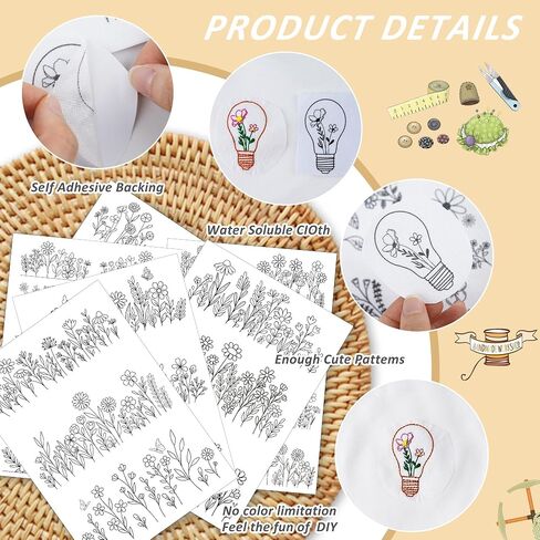 Water Soluble Stabilizer Embroidery Pattern - Flower Stick & Stitch Embroidery Paper Wash Away, Floral Frame Hand Sewing Embroider Patterns for Jean Bag T-Shirt (6 Sheets) in Saudi Arabia