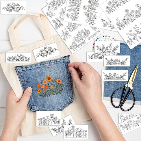 Water Soluble Stabilizer Embroidery Pattern - Flower Stick & Stitch Embroidery Paper Wash Away, Floral Frame Hand Sewing Embroider Patterns for Jean Bag T-Shirt (6 Sheets) in Saudi Arabia