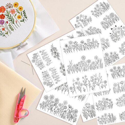 Water Soluble Stabilizer Embroidery Pattern - Flower Stick & Stitch Embroidery Paper Wash Away, Floral Frame Hand Sewing Embroider Patterns for Jean Bag T-Shirt (6 Sheets) in Saudi Arabia