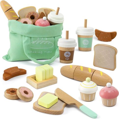 17 PCS Wooden Bakery Toy Food Playset for Kids, Pretend Picnic Play Food for Toddlers 3+, Play Kitchen Accessories with Shopping Bag, Cutting Food Toys, Gift for Girls Boys and Girls in Kuwait