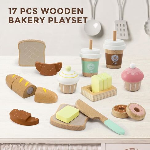 17 PCS Wooden Bakery Toy Food Playset for Kids, Pretend Picnic Play Food for Toddlers 3+, Play Kitchen Accessories with Shopping Bag, Cutting Food Toys, Gift for Girls Boys and Girls in Kuwait