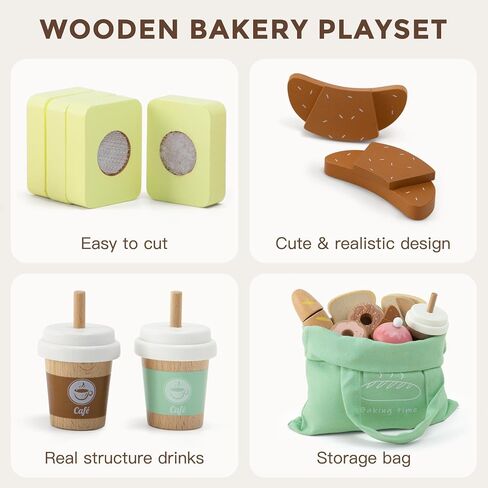17 PCS Wooden Bakery Toy Food Playset for Kids, Pretend Picnic Play Food for Toddlers 3+, Play Kitchen Accessories with Shopping Bag, Cutting Food Toys, Gift for Girls Boys and Girls in Kuwait
