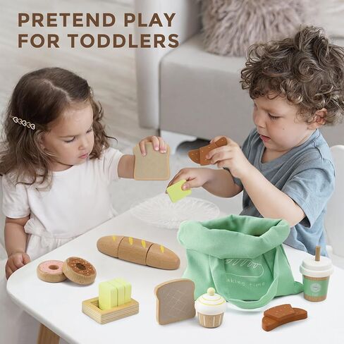17 PCS Wooden Bakery Toy Food Playset for Kids, Pretend Picnic Play Food for Toddlers 3+, Play Kitchen Accessories with Shopping Bag, Cutting Food Toys, Gift for Girls Boys and Girls in Kuwait