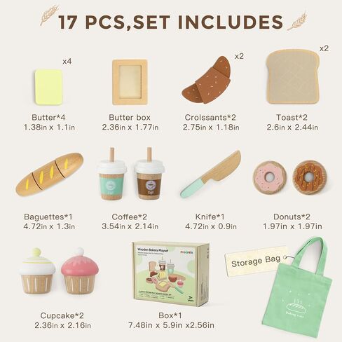 17 PCS Wooden Bakery Toy Food Playset for Kids, Pretend Picnic Play Food for Toddlers 3+, Play Kitchen Accessories with Shopping Bag, Cutting Food Toys, Gift for Girls Boys and Girls in Kuwait