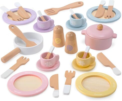 17 PCS Wooden Bakery Toy Food Playset for Kids, Pretend Picnic Play Food for Toddlers 3+, Play Kitchen Accessories with Shopping Bag, Cutting Food Toys, Gift for Girls Boys and Girls in Kuwait