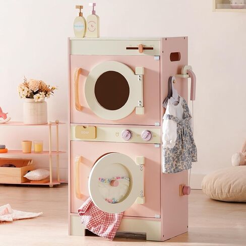 Robotime Kids Washer and Dryer Playset - لعبة غسيل خشبية تتظاهر مع الكي مع طبل حبات ملونة وغسالة ألعاب ومجفف للأطفال الذين تتراوح أعمارهم بين 3 سنوات ، هدية للبنين والبنات in Kuwait