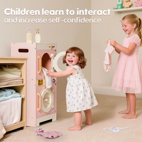 Robotime Kids Washer and Dryer Playset - لعبة غسيل خشبية تتظاهر مع الكي مع طبل حبات ملونة وغسالة ألعاب ومجفف للأطفال الذين تتراوح أعمارهم بين 3 سنوات ، هدية للبنين والبنات in Kuwait