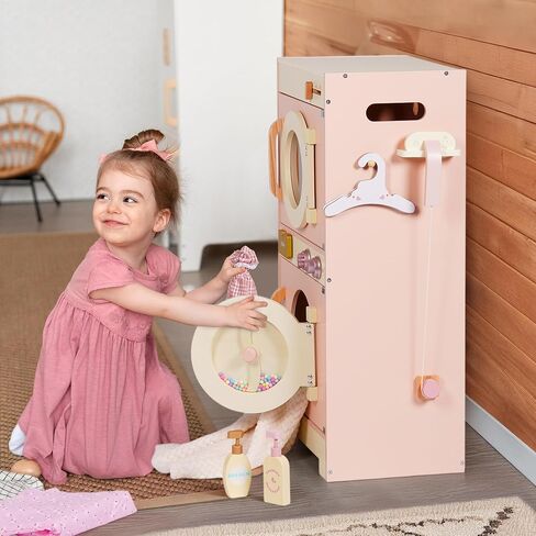 Robotime Kids Washer and Dryer Playset - لعبة غسيل خشبية تتظاهر مع الكي مع طبل حبات ملونة وغسالة ألعاب ومجفف للأطفال الذين تتراوح أعمارهم بين 3 سنوات ، هدية للبنين والبنات in Kuwait