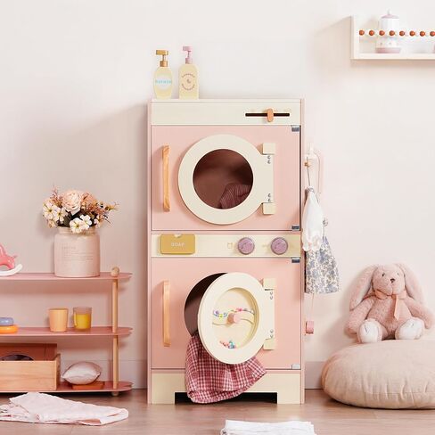 Robotime Kids Washer and Dryer Playset - لعبة غسيل خشبية تتظاهر مع الكي مع طبل حبات ملونة وغسالة ألعاب ومجفف للأطفال الذين تتراوح أعمارهم بين 3 سنوات ، هدية للبنين والبنات in Kuwait
