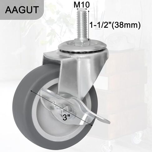 عجلات AAGUT مقاس 3 بوصات مع فرامل قفل، عجلات صناعية مطاطية شديدة التحمل M10 × 1.5 بوصة بديلة لمنضدة العمل، والعربات، والأثاث، ودوللي، وعربة، مجموعة من 4 in Kuwait
