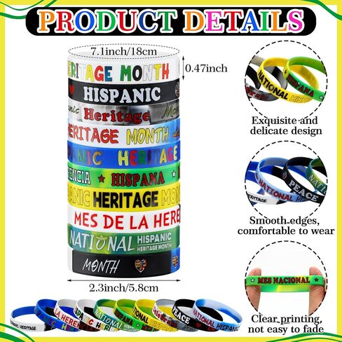 Hispanic Heritage Month Silicone Wristbands Bulk National Hispanic Heritage Month Rubber Bracelets Spanish Latino National Stretch Wristbands Gifts (400) in Saudi Arabia