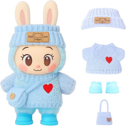 2026 New 4PCS Crochet Doll Clothes Set for 17cm (6.7 inch) Dolls – Includes Hat, Dress, Backpack & Shoes – Cute and Stylish Accessories (Light Pink+Black+White+Light Blue) (Doll Not Included) in Kuwait