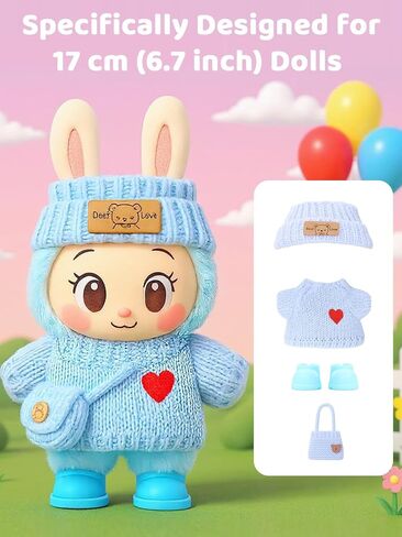 2026 New 4PCS Crochet Doll Clothes Set for 17cm (6.7 inch) Dolls – Includes Hat, Dress, Backpack & Shoes – Cute and Stylish Accessories (Light Pink+Black+White+Light Blue) (Doll Not Included) in Kuwait