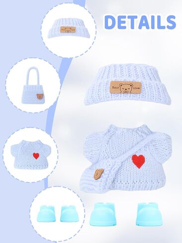 2026 New 4PCS Crochet Doll Clothes Set for 17cm (6.7 inch) Dolls – Includes Hat, Dress, Backpack & Shoes – Cute and Stylish Accessories (Light Pink+Black+White+Light Blue) (Doll Not Included) in Kuwait
