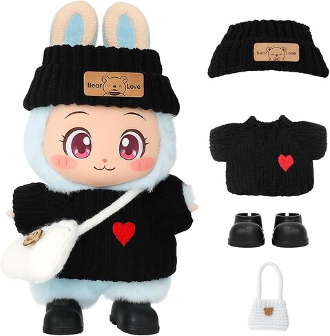 2026 New 4PCS Crochet Doll Clothes Set for 17cm (6.7 inch) Dolls – Includes Hat, Dress, Backpack & Shoes – Cute and Stylish Accessories (Light Pink+Black+White+Light Blue) (Doll Not Included) in Kuwait