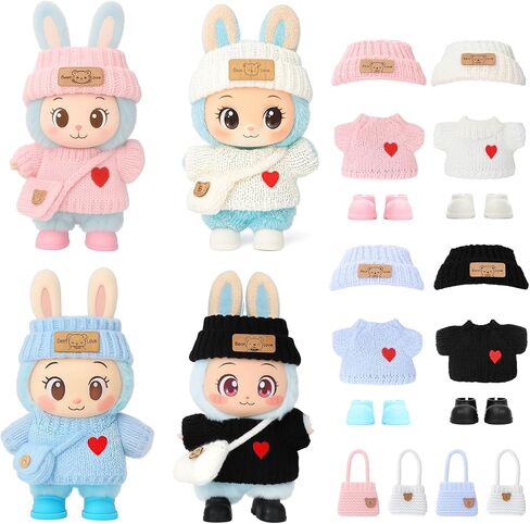 2026 جديدة 4pcs crochet Doll Cloths لدمى 17 سم (6.7 بوصة) - تشمل القبعة ، واللباس ، وظهر الظهر والأحذية - الملحقات اللطيفة والأنيقة (الوردي الفاتح+أسود+أبيض+أزرق فاتح) (دمية غير متضمنة) in Kuwait