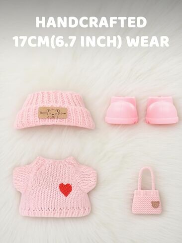 2026 جديدة 4pcs crochet Doll Cloths لدمى 17 سم (6.7 بوصة) - تشمل القبعة ، واللباس ، وظهر الظهر والأحذية - الملحقات اللطيفة والأنيقة (الوردي الفاتح+أسود+أبيض+أزرق فاتح) (دمية غير متضمنة) in Kuwait