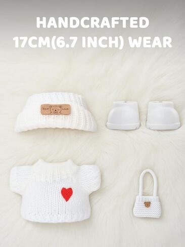 2026 جديدة 4pcs crochet Doll Cloths لدمى 17 سم (6.7 بوصة) - تشمل القبعة ، واللباس ، وظهر الظهر والأحذية - الملحقات اللطيفة والأنيقة (الوردي الفاتح+أسود+أبيض+أزرق فاتح) (دمية غير متضمنة) in Kuwait