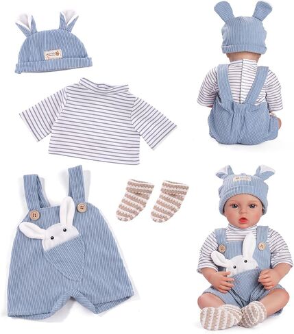 BABESIDE Reborn Baby Doll Clothes Set - 4 Piece Doll Outfit Accessories for 15-18 Inch Dolls, Includes Bunny Hat, Striped Top, Overalls, and Socks for Boys & Girls, Perfect for 3+ Year Old Kids in Saudi Arabia