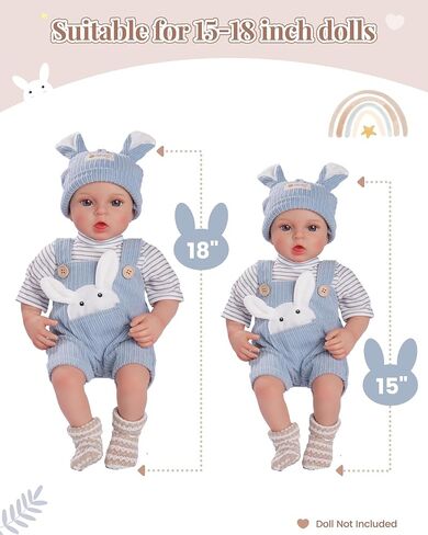 BABESIDE Reborn Baby Doll Clothes Set - 4 Piece Doll Outfit Accessories for 15-18 Inch Dolls, Includes Bunny Hat, Striped Top, Overalls, and Socks for Boys & Girls, Perfect for 3+ Year Old Kids in Saudi Arabia