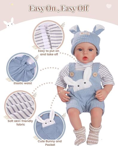 BABESIDE Reborn Baby Doll Clothes Set - 4 Piece Doll Outfit Accessories for 15-18 Inch Dolls, Includes Bunny Hat, Striped Top, Overalls, and Socks for Boys & Girls, Perfect for 3+ Year Old Kids in Saudi Arabia
