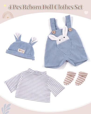 BABESIDE Reborn Baby Doll Clothes Set - 4 Piece Doll Outfit Accessories for 15-18 Inch Dolls, Includes Bunny Hat, Striped Top, Overalls, and Socks for Boys & Girls, Perfect for 3+ Year Old Kids in Saudi Arabia