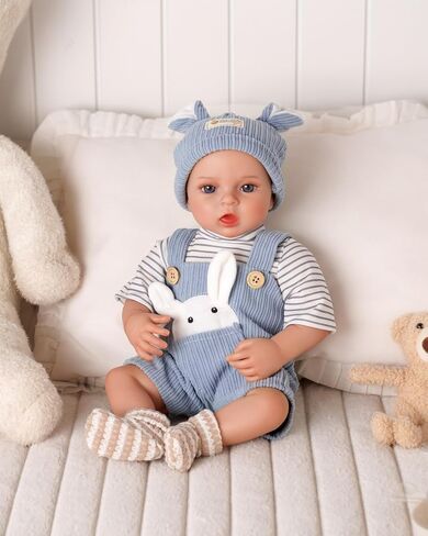 BABESIDE Reborn Baby Doll Clothes Set - 4 Piece Doll Outfit Accessories for 15-18 Inch Dolls, Includes Bunny Hat, Striped Top, Overalls, and Socks for Boys & Girls, Perfect for 3+ Year Old Kids in Saudi Arabia