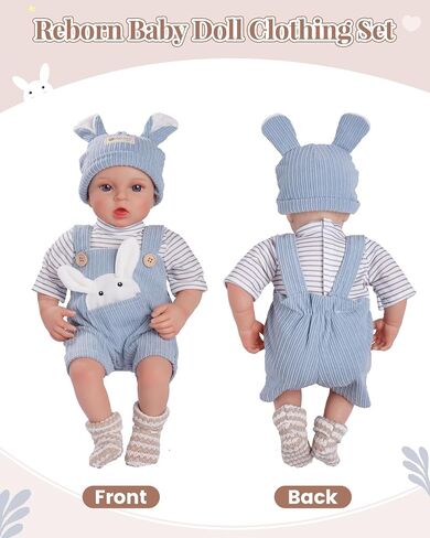 BABESIDE Reborn Baby Doll Clothes Set - 4 Piece Doll Outfit Accessories for 15-18 Inch Dolls, Includes Bunny Hat, Striped Top, Overalls, and Socks for Boys & Girls, Perfect for 3+ Year Old Kids in Saudi Arabia