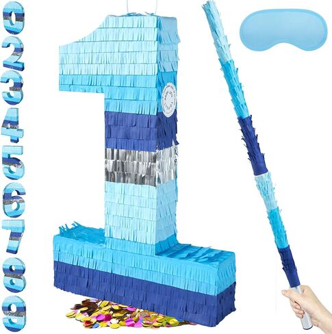 PCFING 20 Inch Number 0 Piñata Blue Silver with 30 Inch Piñata Stick Blindfold Confetti for Boy Girl Kids Birthday Party Decorations, Anniversary Celebration, Fiesta in Kuwait